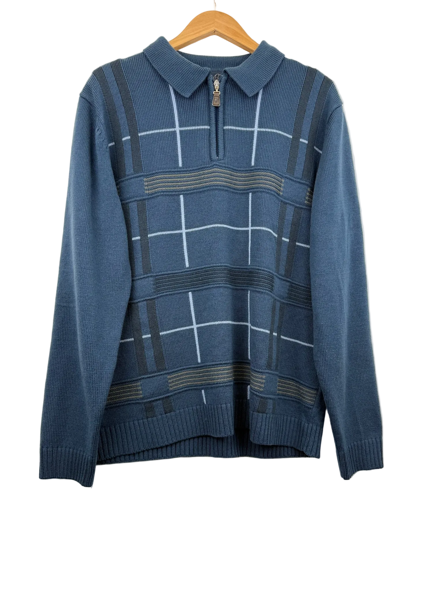 11-90-CH Blue Check Print Quarter Zip Knit Sweater