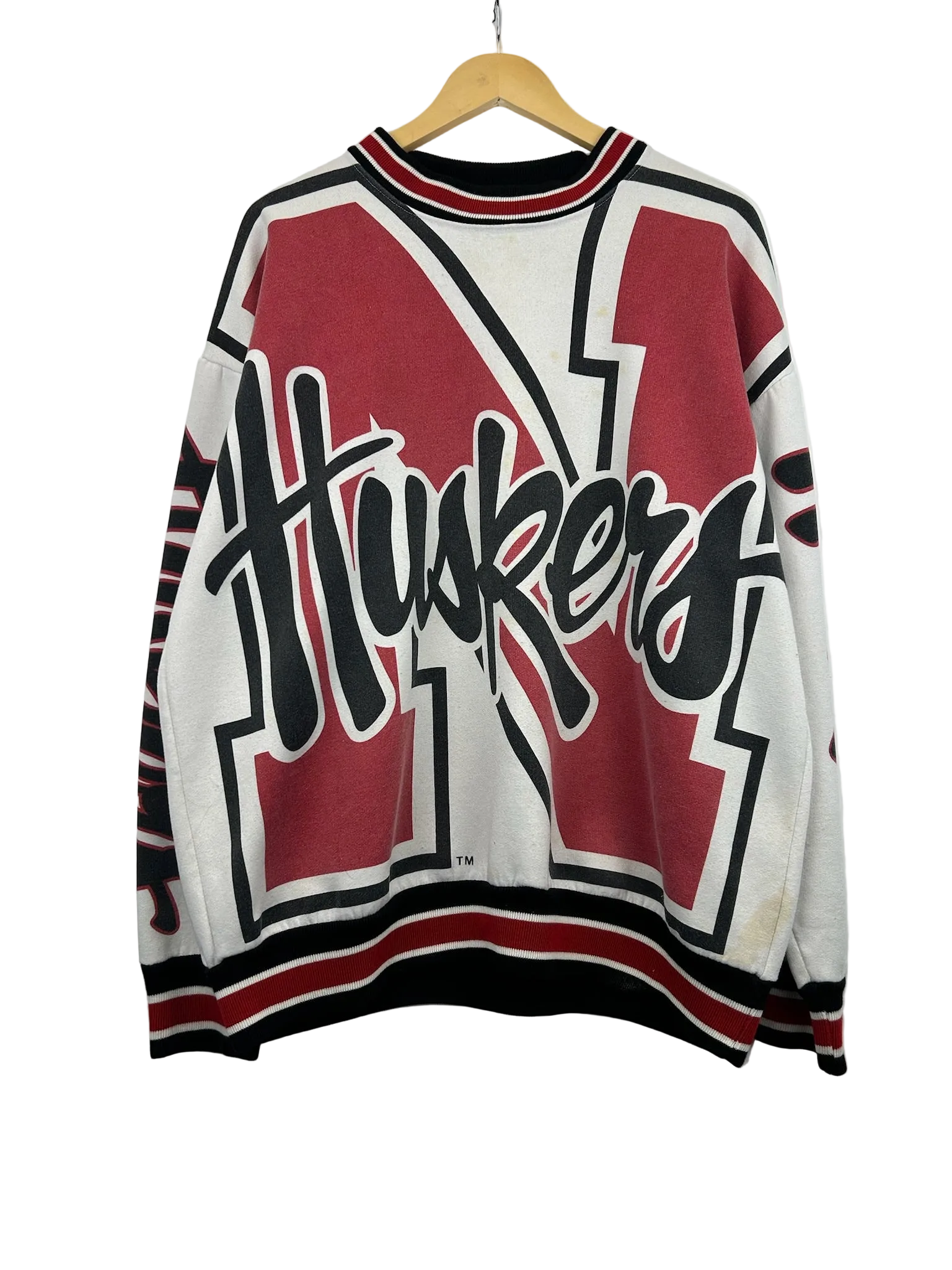 11-740-CH White, Red and Black Huskers Crewneck