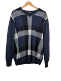 11-104-CH Navy V-Neck Check Pattern Longsleeve Knit Sweater