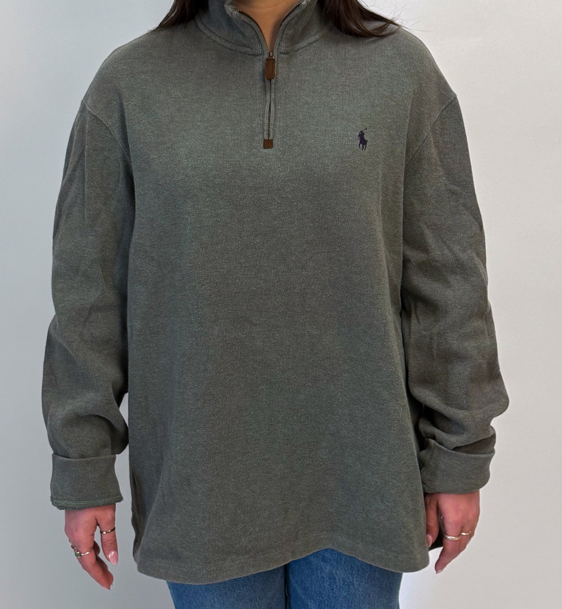 1A-132-CH Green Quarter Zip Polo Sweater