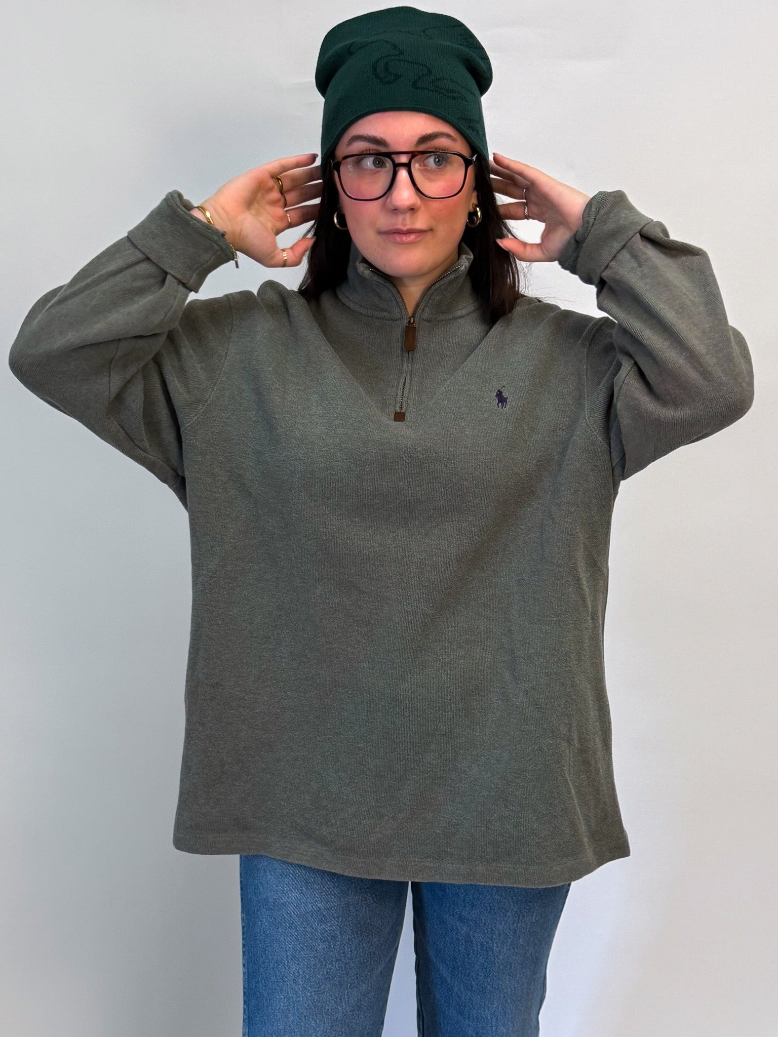 1A-132-CH Green Quarter Zip Polo Sweater