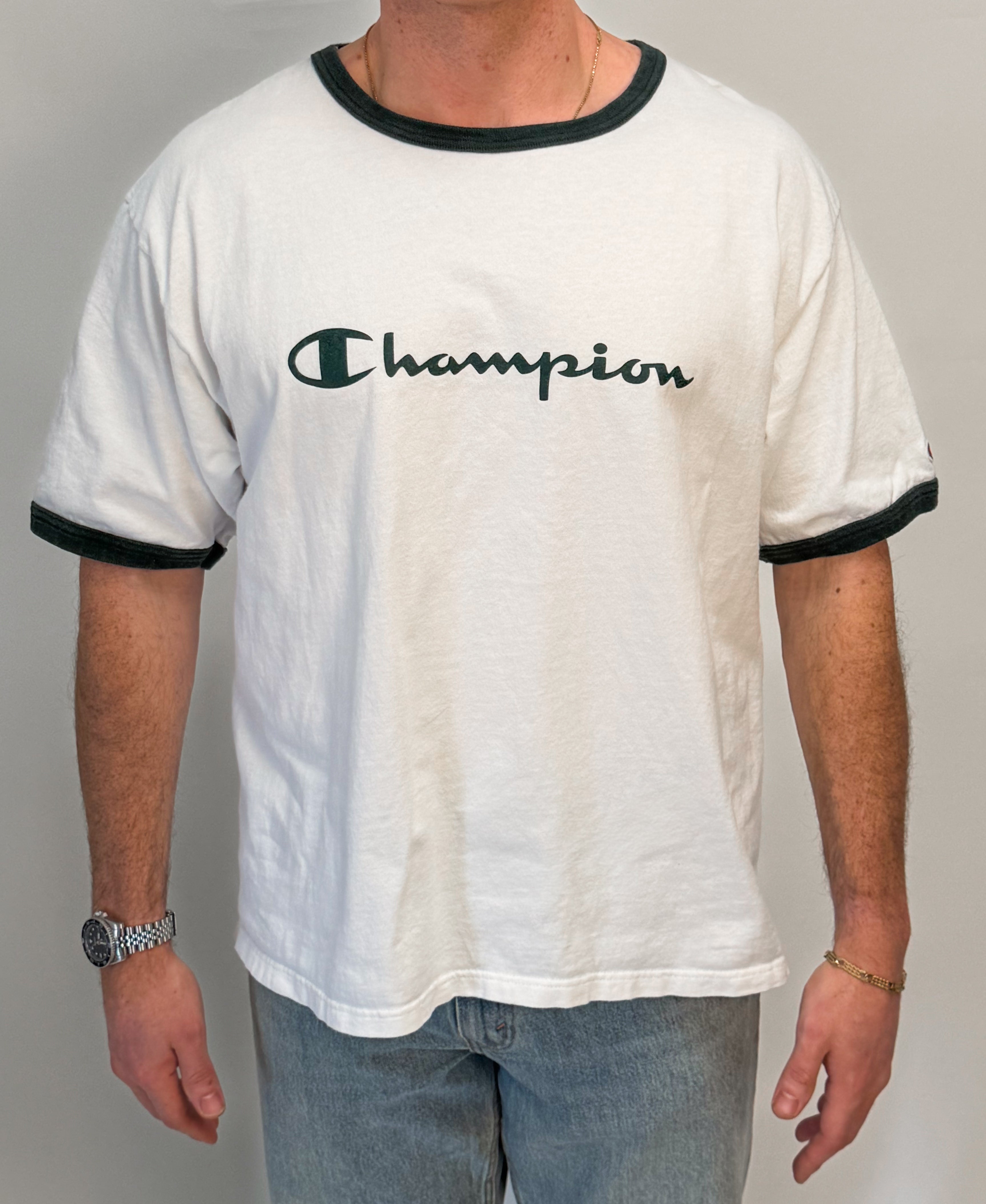 1A-6-CH Green Trim Champion White Tee