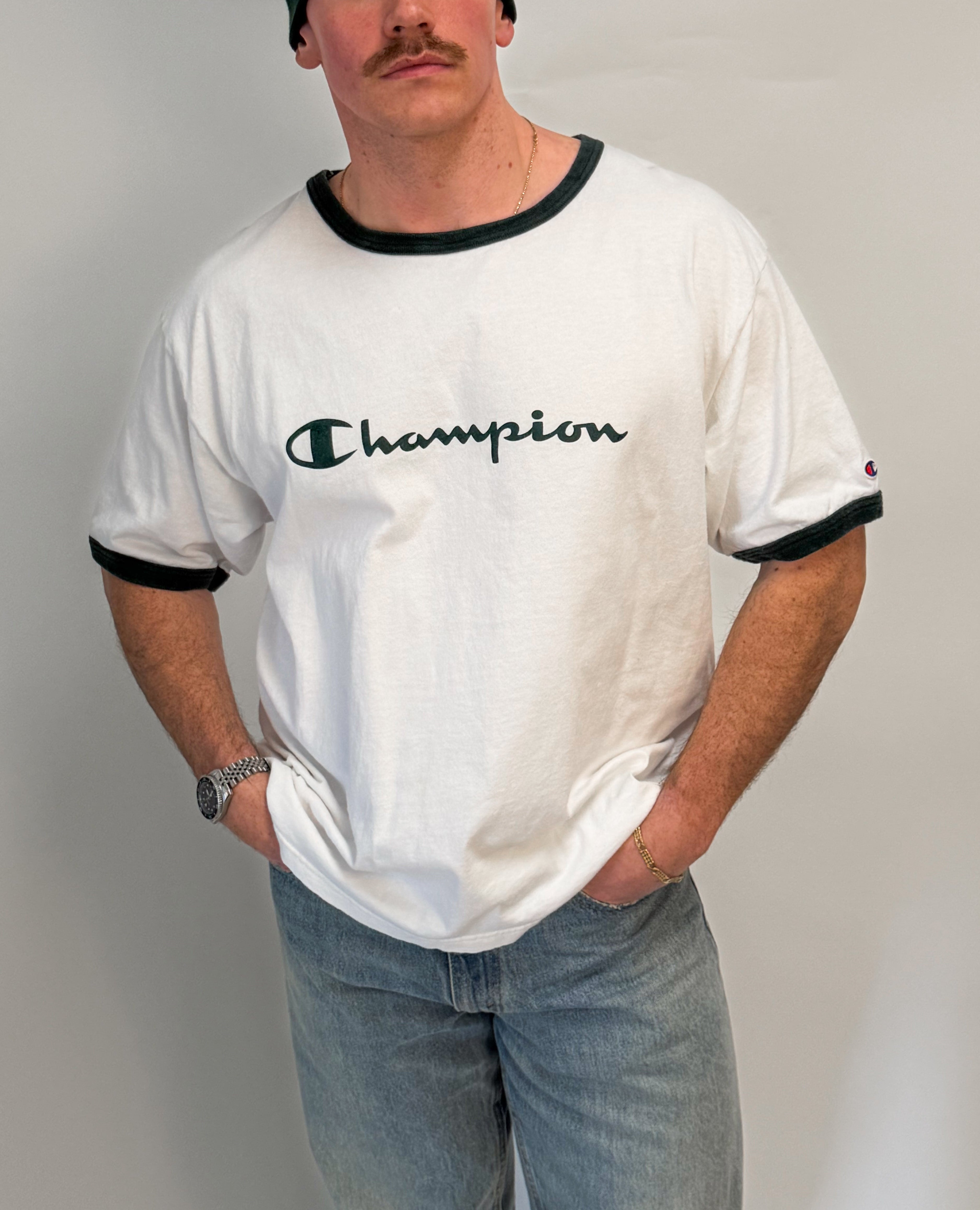1A-6-CH Green Trim Champion White Tee