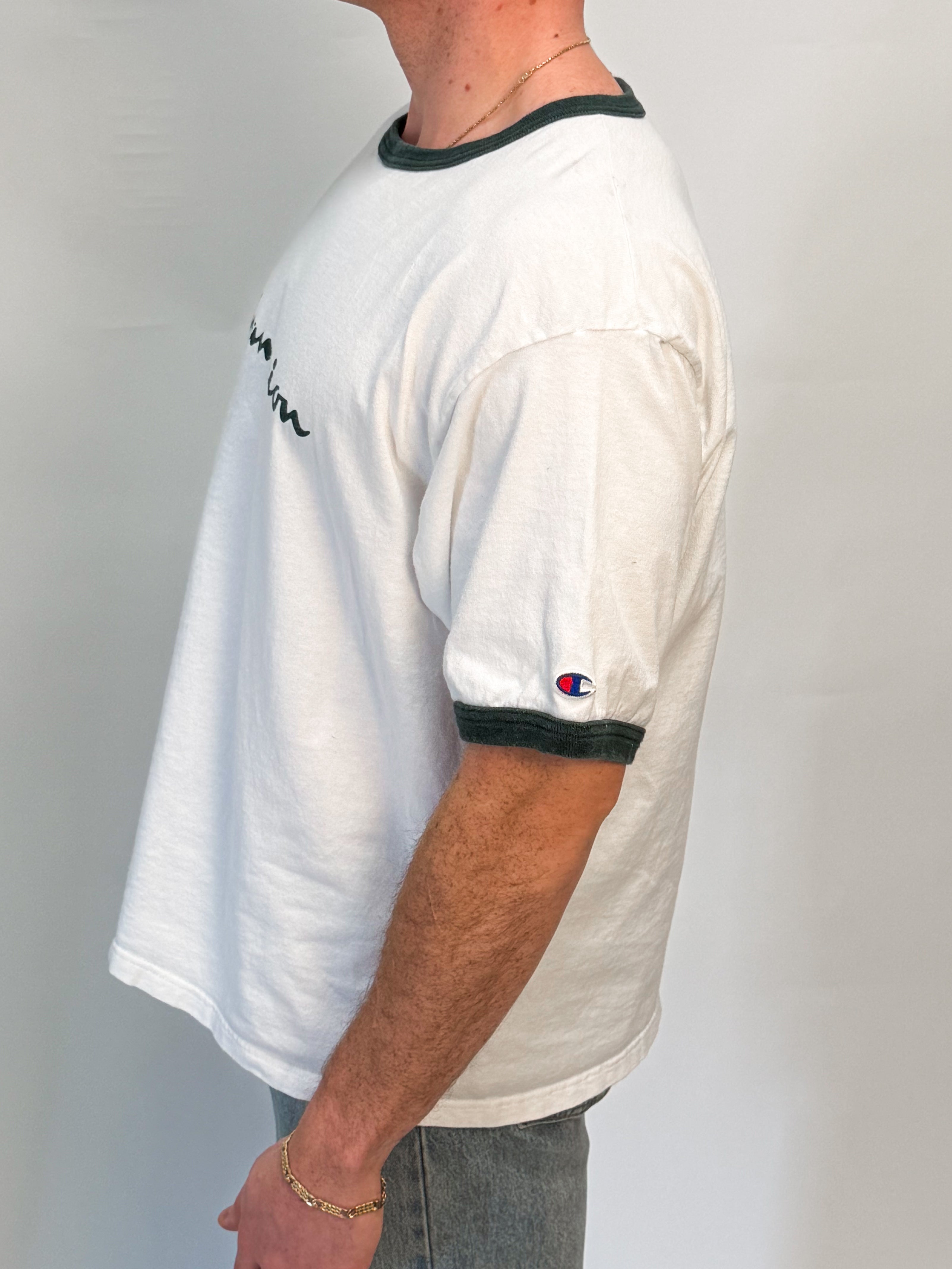 1A-6-CH Green Trim Champion White Tee